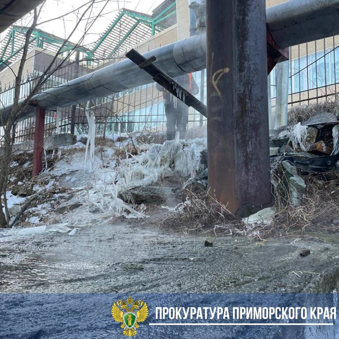 Во Владивостоке 3 тысячи жителей остались без отопления из-за аварии на теплосети. Вода затопила двор и замерзла, ко льду примерзли машины