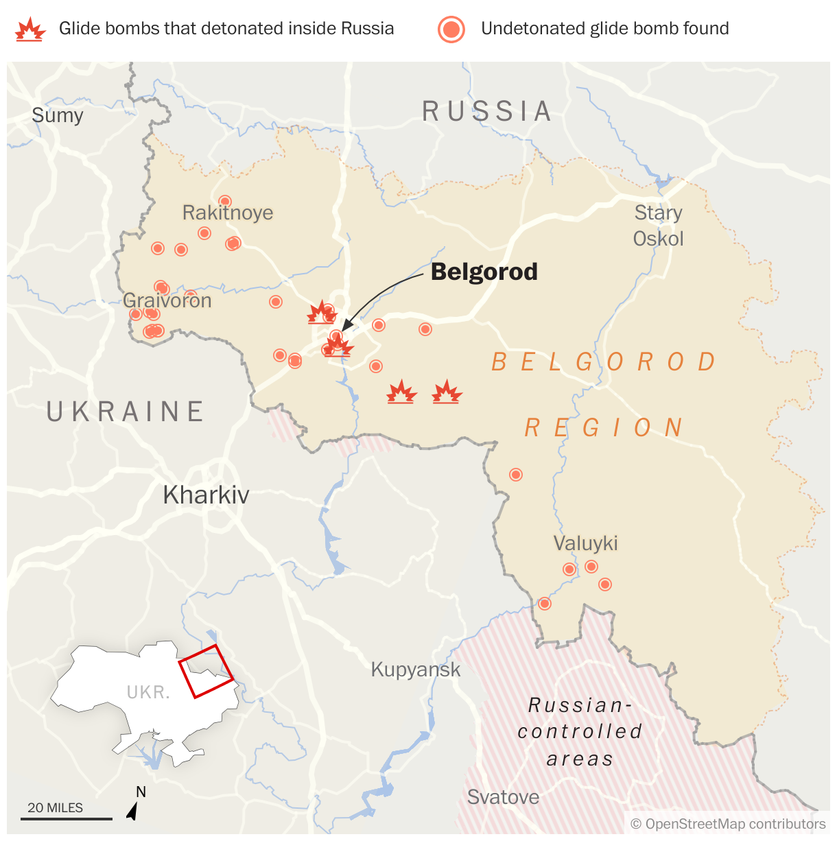 Места нештатных сходов российских авиабомб, разорвавшихся и неразорвавшихся, с апреля 2023 по апрель 2024 года