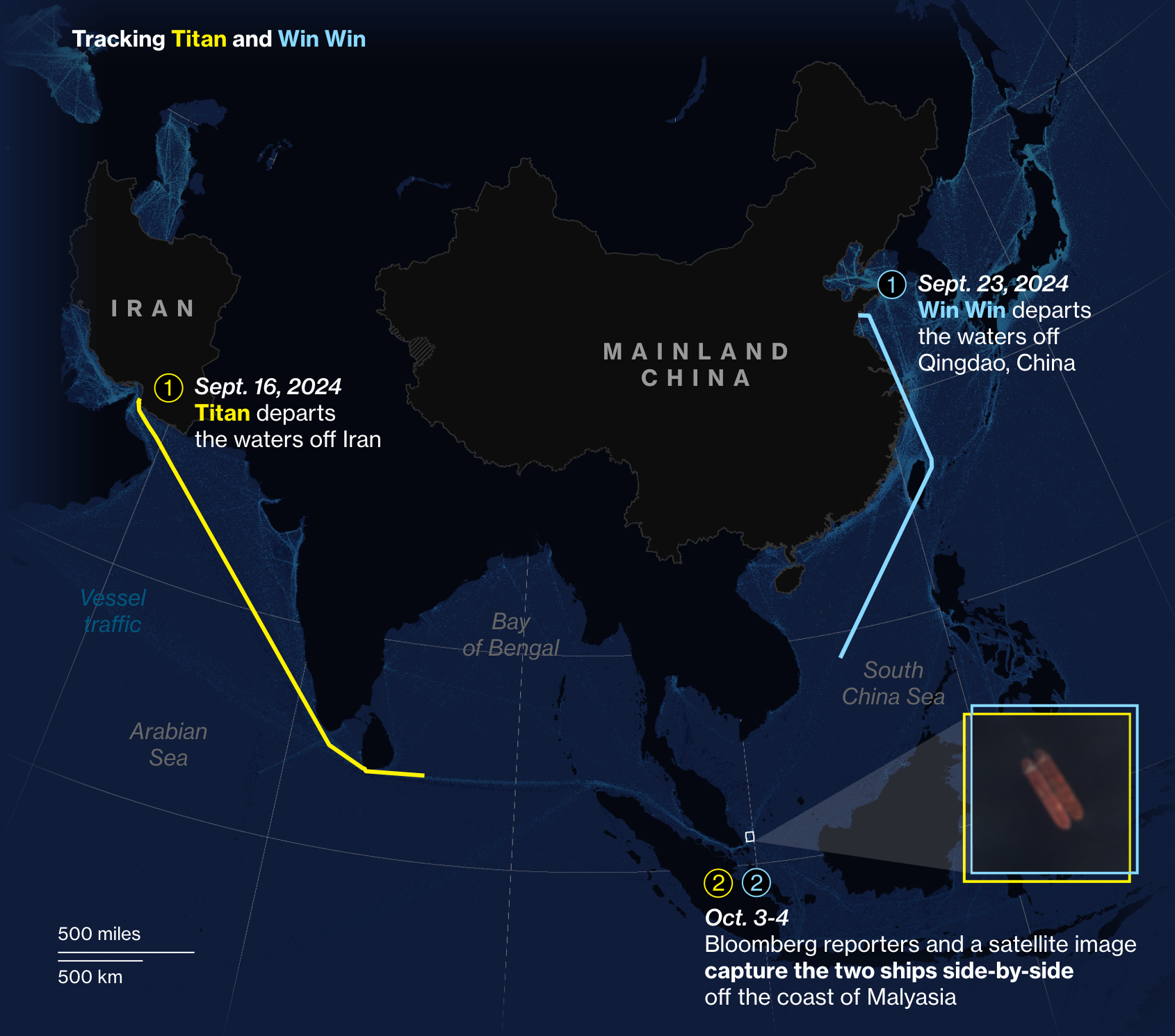 Маршруты судов Titan (вышло от берегов Ирана) и Win Win (от Китая), отслеженных Bloomberg и встретившихся для передачи нефти в Южно-Китайском море