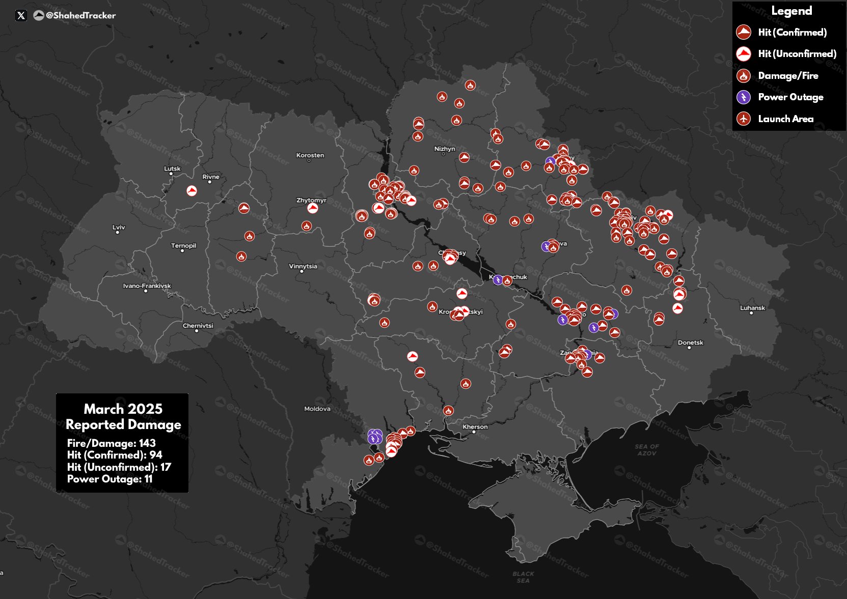 Ущерб от применения БПЛА типа «Шахед» и других неустановленных типов по территории Украины в марте 2025 года