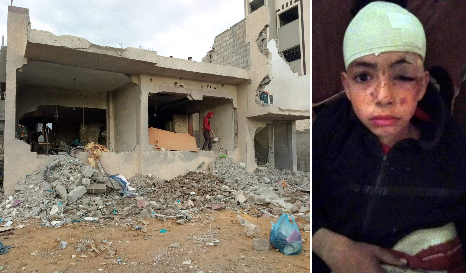 Дом Ильхам в Нусейрате после бомбежки и ее 10-летний сын, которого вытащили из-под завалов