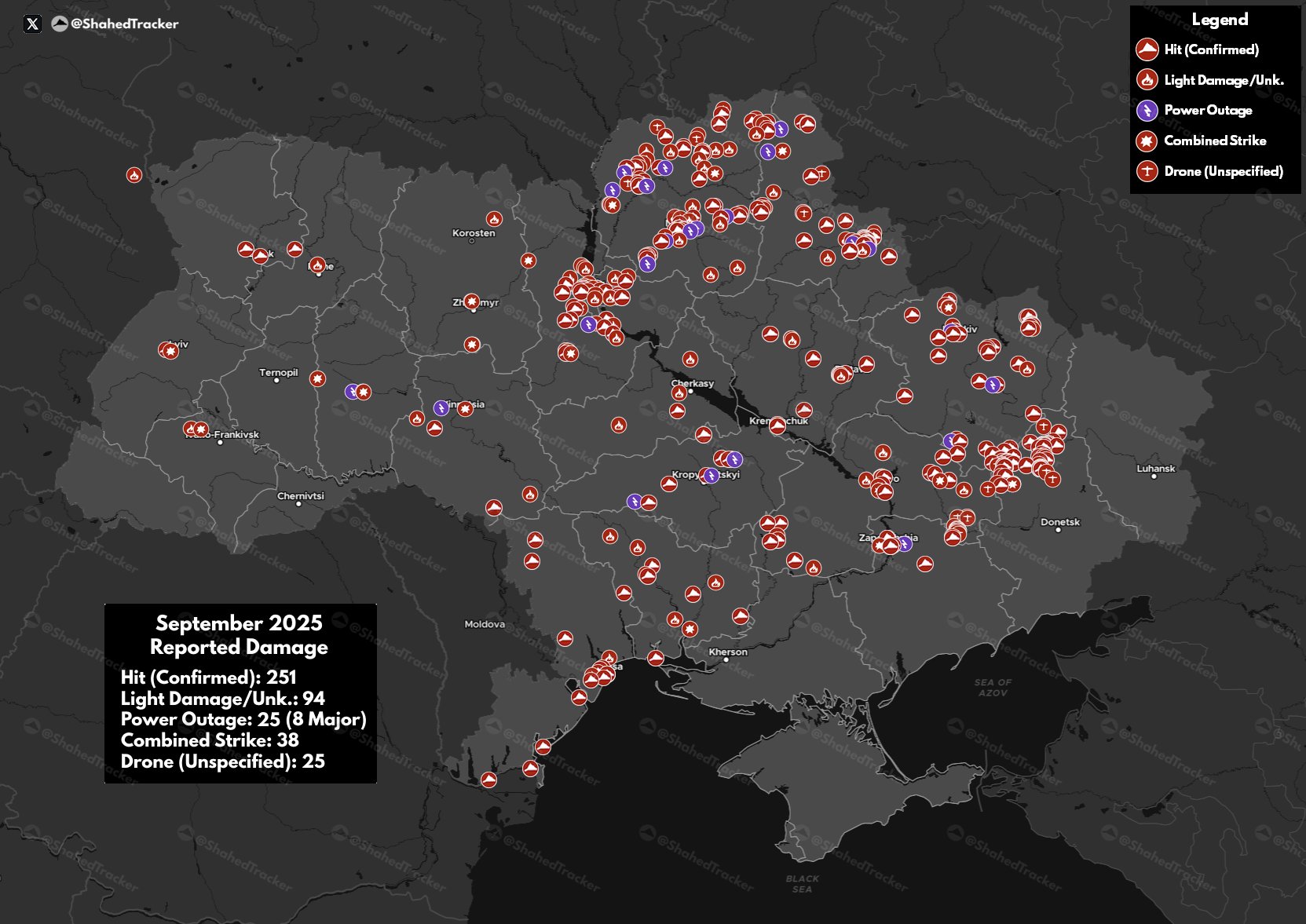 Пораженные беспилотниками типа «Шахед» цели на территории Украины в сентябре 2025 года