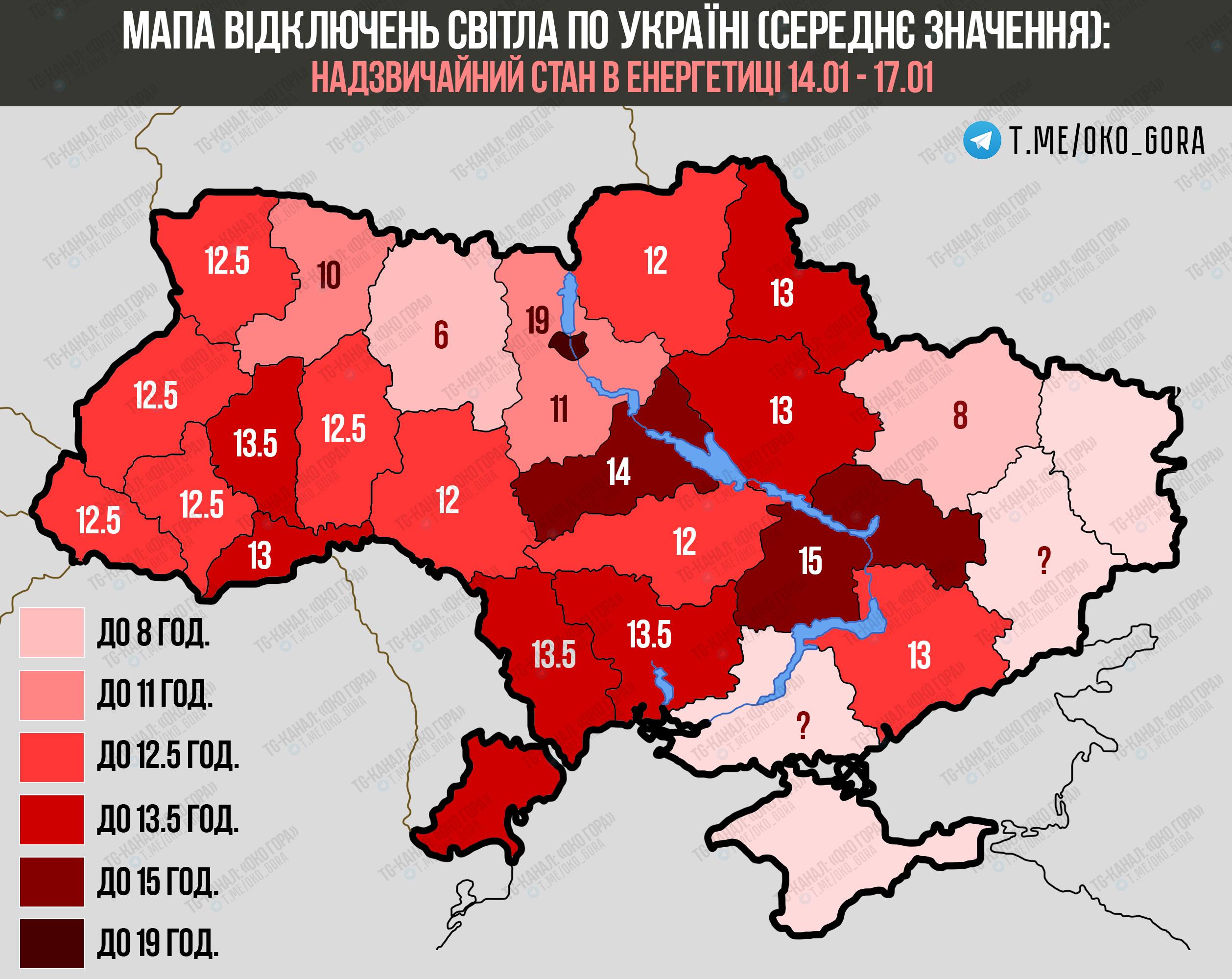 Средняя продолжительность отключений электричества по областям Украины в период с 14 по 17 января 2026 года