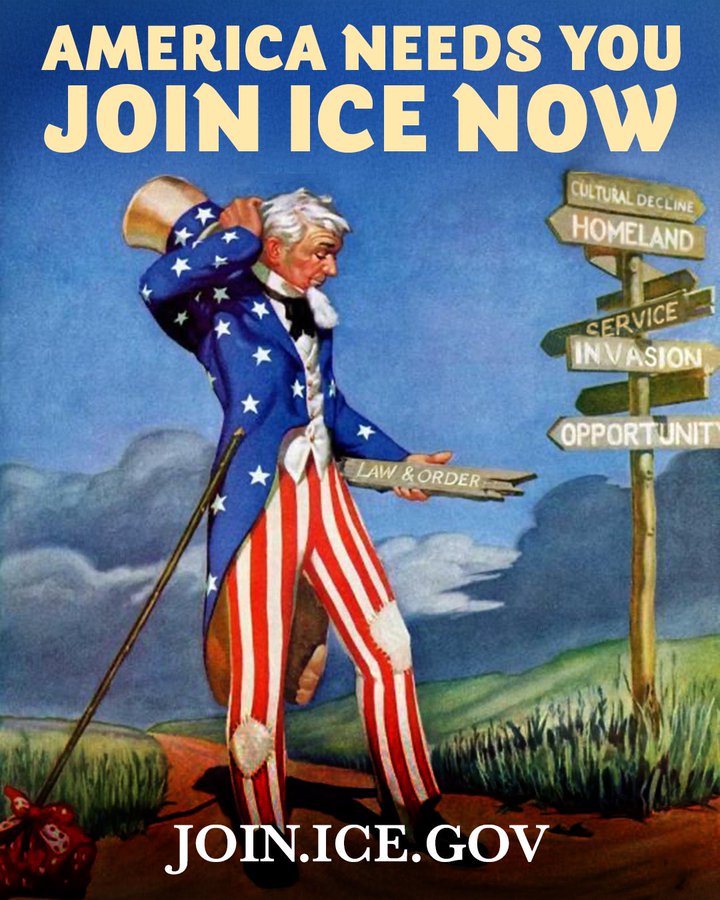 «Америка нуждается в тебе. Присоединяйся к ICE сейчас», — гласит слоган на картинке с «дядей Сэмом» на странице ICE в сети Х