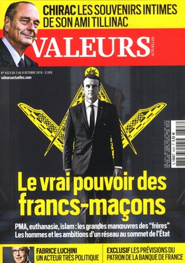 Обложка журнала Valeurs actuelles. октябрь 2019 года. Заголовок: «Настоящая власть масонов»