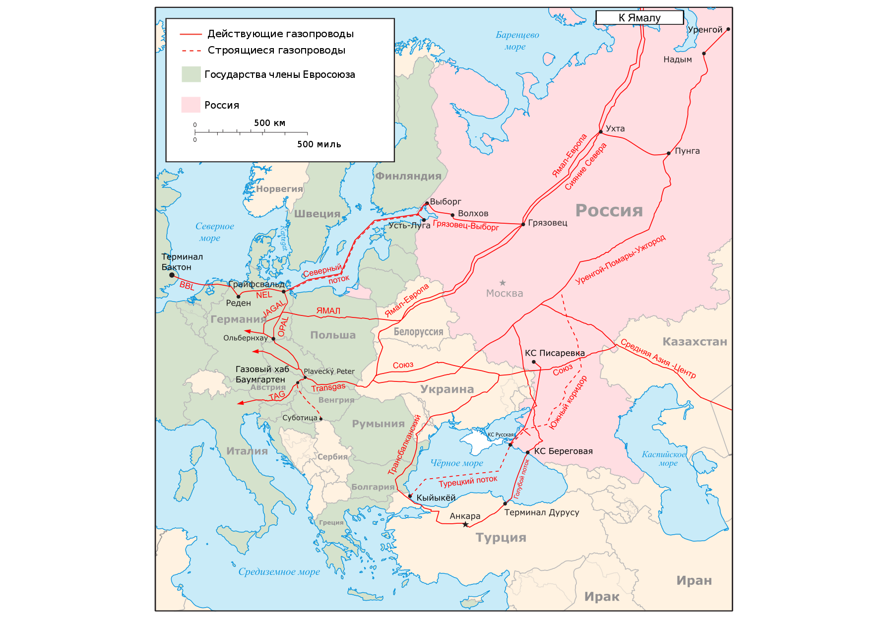 Схема существующих и планирующихся магистральных экспортных газопроводов из России в Европу